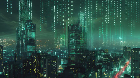 Nighttime Cityscape With Digital Rainの素材