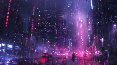 Bright Neon Lights in City with Digital Rainの素材