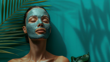 Woman Relaxing With Facial Mask on Teal Backgroundの素材