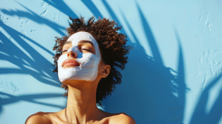 Woman Relaxing With Face Mask in Sunlight over Blue Wallの素材
