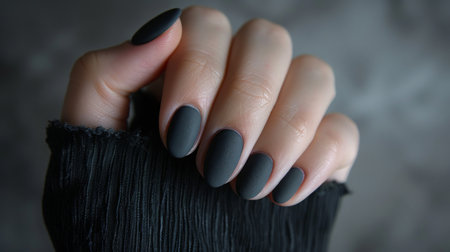 Close-Up of Hand With Matte Black Nail Polishの素材
