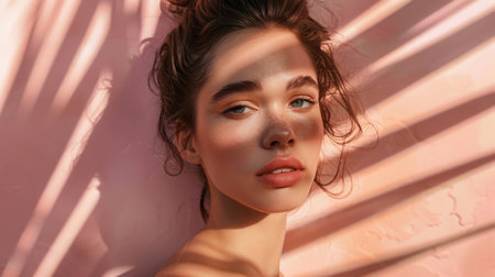 Woman Posing in Sunlight over Pink Wallの素材