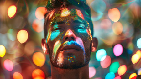 Man With Glitter Makeup In Front Of Colorful Lightsの素材