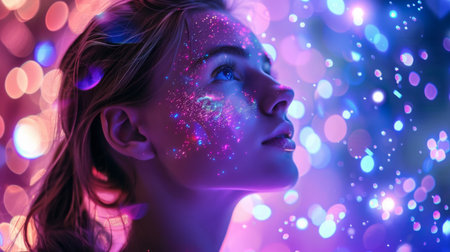 Woman Looking Up in Purple and Blue Lightsの素材