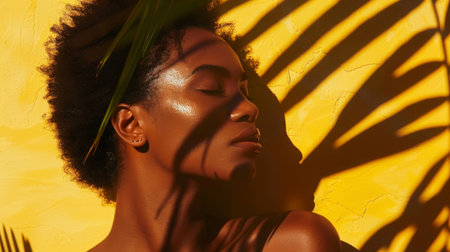 Woman Relaxing in Sunlight on Yellow Wallの素材