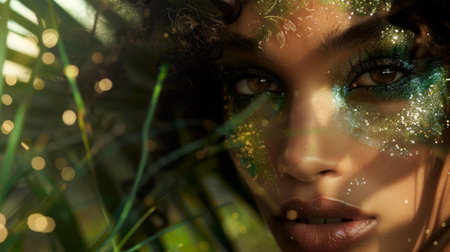 Woman With Green Glitter Makeup in Natureの素材