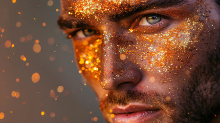 Mans Face Covered in Gold Glitterの素材