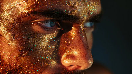 Close-Up of a Mans Face Covered in Glitterの素材