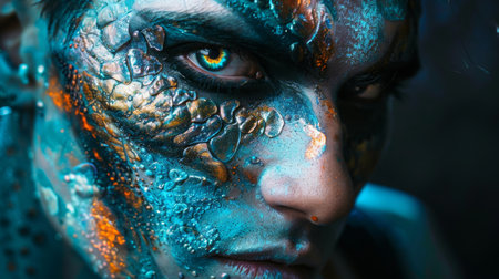 Close-Up of a Person With Blue and Gold Face Paintの素材