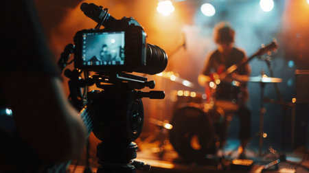 Close-Up of Camera Filming a Band Performanceの素材