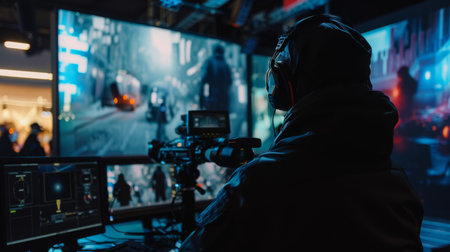 Film Director Working on Nighttime City Sceneの素材