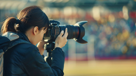 Woman Taking Photo at Sports Eventの素材