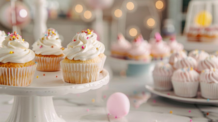 Sprinkled Cupcakes on White Cake Standの素材