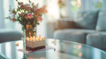 Birthday Cake With Candles on Tableの素材