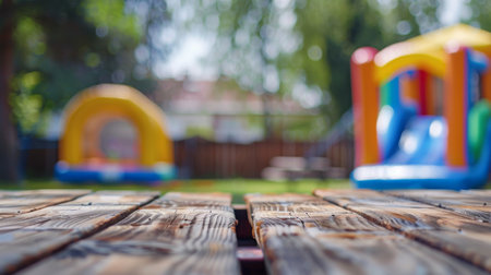 Wooden Table With Inflatable House In Backgroundの素材