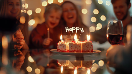 Birthday Cake With Candles and Familyの素材