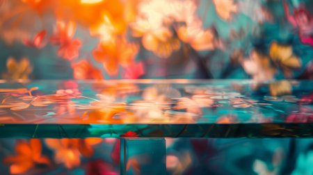 Glass Tabletop With Blurry Floral Backgroundの素材