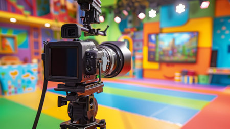 Video Camera on Tripod in Colorful Studioの素材