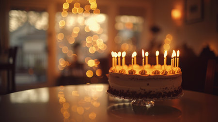 Birthday Cake With Candles on Empty Tableの素材