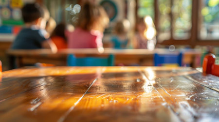 Empty Classroom Table With Blurred Childrenの素材