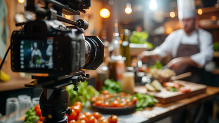 Camera Filming Chef Cooking in Kitchenの素材