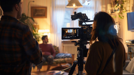 Camerawoman Filming Interview in Home Settingの素材