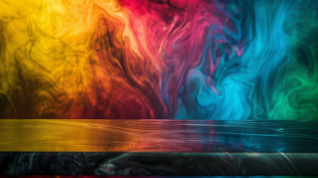 Black Marble Tabletop Against Colorful Swirlsの素材