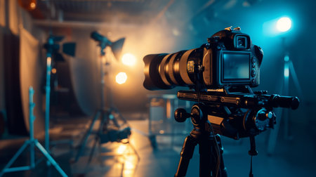 Professional Camera On Tripod In Studioの素材