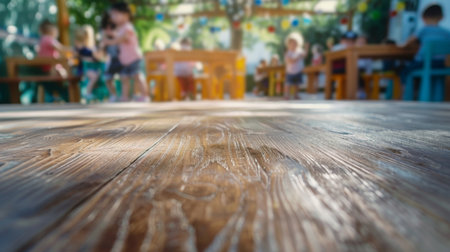Wooden Tabletop With Blurred Childrens Play Areaの素材