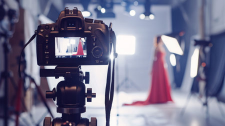 Camera Focused on Model in Red Dress During Photoshootの素材