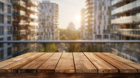 Wooden Tabletop With Cityscape Backgroundの素材