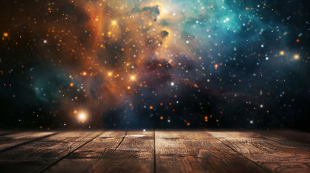 Wooden Tabletop With Starry Night Sky Backgroundの素材