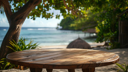 Wooden Table On Tropical Beachの素材
