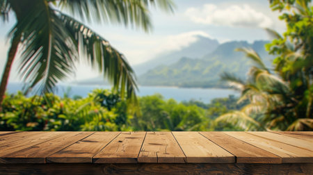 Wooden Tabletop With Tropical Island Viewの素材