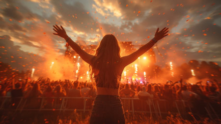 Woman Standing Before Concert Crowdの素材