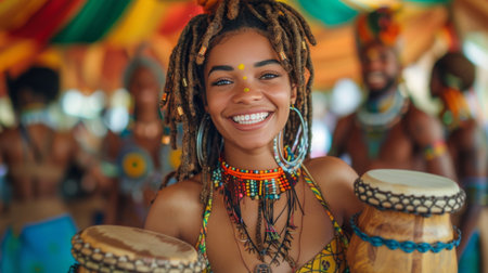 Woman With Dreadlocks Smiles Holding Two Drumsの素材