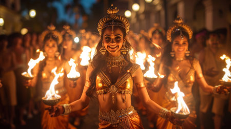 Woman in Costume Holding Torchesの素材