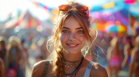 Smiling Young Woman at a Summer Festival During Golden Hourの素材