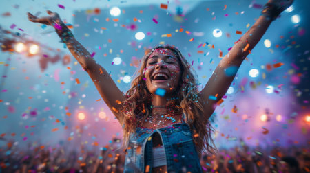 Woman Celebrating With Arms Raised Amidst Confettiの素材