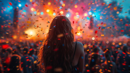 Woman Standing in Front of Concert Crowdの素材