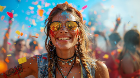 Joyful Woman at a Colorful Outdoor Festival During Daytimeの素材