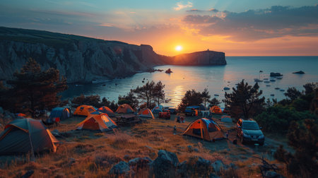 Tents on Lush Green Hillsideの素材