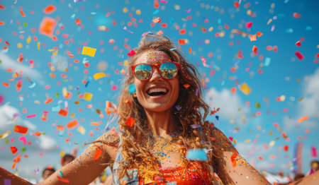 Woman Wearing Sunglasses Covered in Confettiの素材