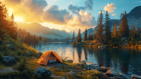 Tent Set Up on Lake Shoreの素材