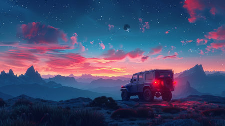 Jeep Parked on Hill at Nightの素材