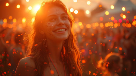 Woman Smiles at Sunsetの素材
