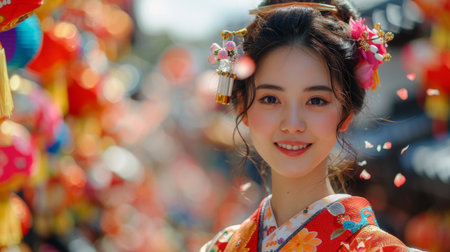 Woman in Kimono With Balloonsの素材