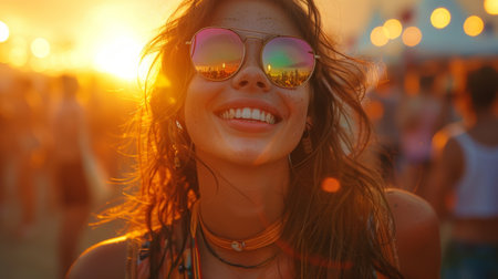Woman in Sunglasses Standing in Front of Crowdの素材