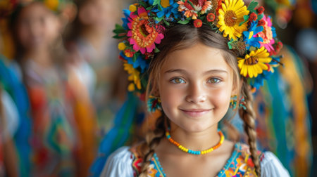 Young Girl With Colorful Flower Crownの素材