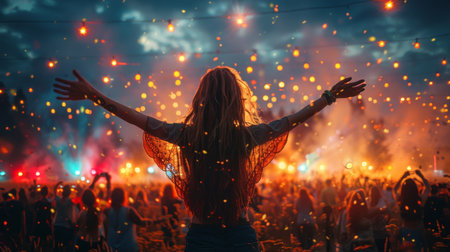 Woman Standing in Front of Crowd at Concertの素材